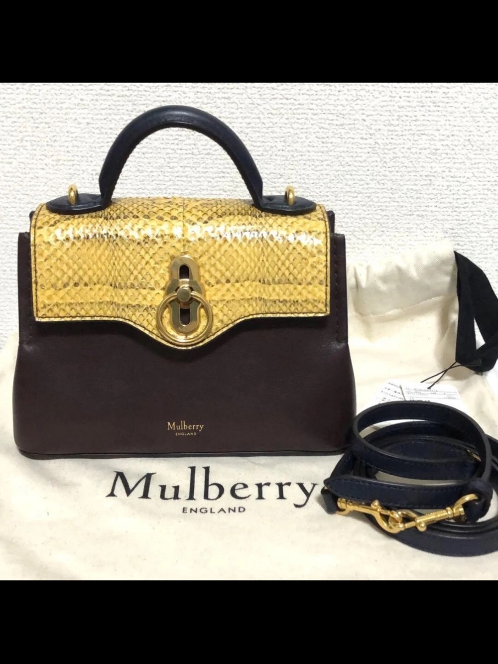 Mulberry Yellow Snakeskin Flap & Brown Leather Top-Handle Bag with Navy Strap